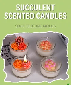 Macro detail of realistic succulent shaped scented candles in glass jars set of four