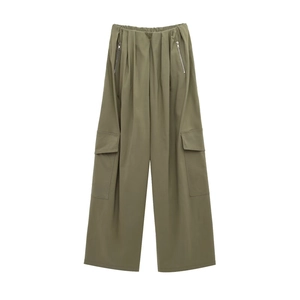 Army green wide-leg cargo pants with elastic pleated waist and decorative side zippers