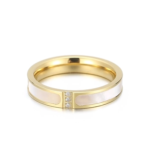 Modern CNC ring in 18K rose gold plated stainless steel with shell inlay and three stones