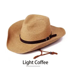 Foldable wide brim light brown straw cowboy hat with leather band and chin strap