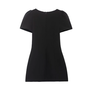 Back view of a black off-shoulder mini dress with pleated short sleeves and A-line silhouette