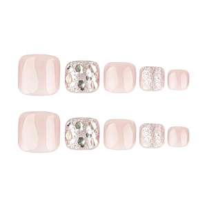 Pink and silver glitter cat eye press-on toenails featuring sequins and 10 pieces layout
