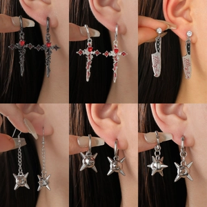Gothic Punk Alloy Earrings And Necklace With Red Heart Cross Rose Thorn Chef Knife Spiked Ball Retro Dark Style Jewelry