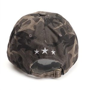 Washed camo baseball cap with 3-star embroidery and adjustable metal buckle back view