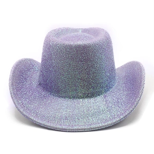 Detail view of purple sequin cowboy hat with shimmering laser finish for parties