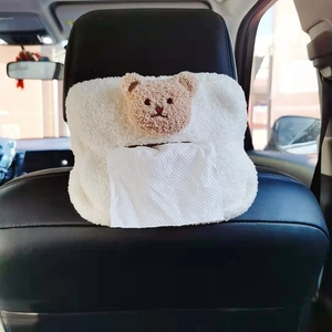 Plush bear car tissue holder made of soft lamb wool hanging on the seat back headrest