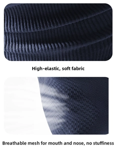 Close-up of high-elastic navy knit fabric and breathable mesh zone on face mask