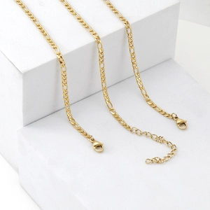 18K gold plated stainless steel Figaro chain necklace with secure lobster clasp and extender