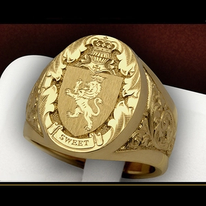 Bague Chevalière Lion Bouclier Couronne Pour Hommes Cuivre Plaqué Or Héraldique Royal Sweet Gravée