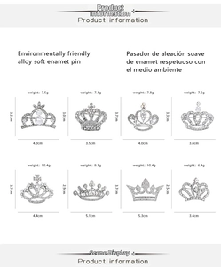 Detailed size chart showing eight silver crown brooches with rhinestones and weights