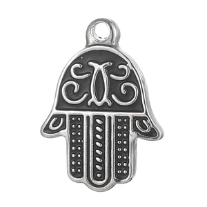 Vintage stainless steel Hamsa hand pendant with intricate embossed patterns and devil eye detail