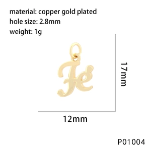 Detail view of a 17mm gold-plated copper letter Fe pendant with 2.8mm hole and dimensions