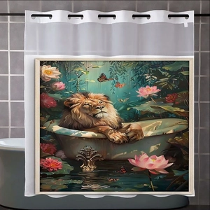 Detailed shower curtain showing a lion in a vintage bathtub with pink lotus flowers