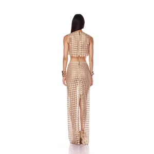 Two-piece champagne gold mesh lace set with sleeveless crop top and fishtail maxi skirt