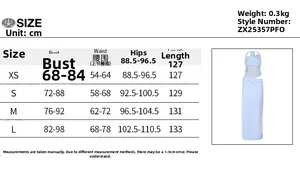 Size chart showing bust, waist, and length measurements for this bodycon evening dress