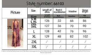 Detailed size chart for the sleeveless split long dress showing length, bust, and waist measurements