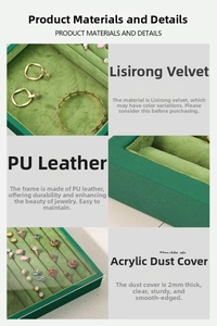 Detail view of emerald green jewelry tray with velvet lining and acrylic lid for rings
