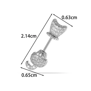 Sparkling silver navel ring with crystal-studded cat head and curved tail design