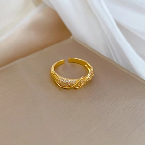 Minimalist double-layer twisted open ring in gold finish with white zircon inlay