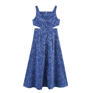 Robe Maxi Jacquard Denim Texture Taille Découpée Boutonnage Simple Col En V Sans Manches Élégante Sexy Femmes