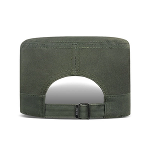 Rear view of olive green cotton cadet cap featuring an adjustable metal buckle strap