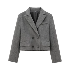 Women's chic grey herringbone cropped double-breasted blazer for professional outfits