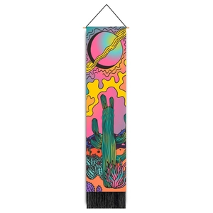 Bohemian tapestry wall hanging with psychedelic desert planet print and black tassels