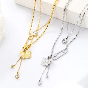 Double-layered gold and silver stainless steel necklace with butterfly and pin pendants