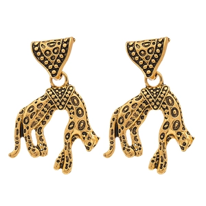 Vintage gold leopard drop earrings with leopard head design and black spotted texture