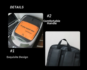 Detail view of stylish grey backpack with orange accents and reinforced shoulder straps