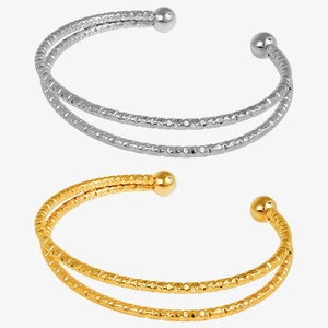 Dual-layer 304 stainless steel open bracelet with gold finish and diamond-cut texture