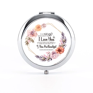 Chrome folding compact mirror with pink floral design and love quote for wife from husband