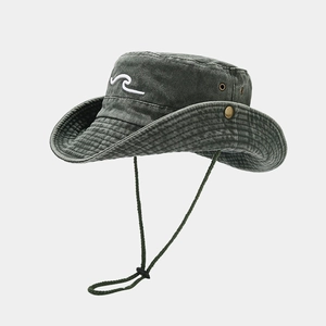 Retro washed olive green boonie hat with wave embroidery and adjustable windproof cord