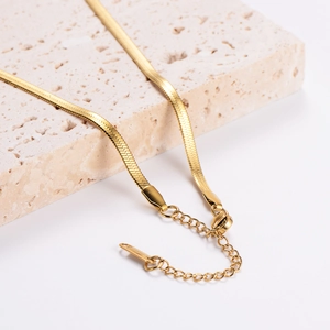 Elegant gold stainless steel herringbone necklace flat snake chain with extender
