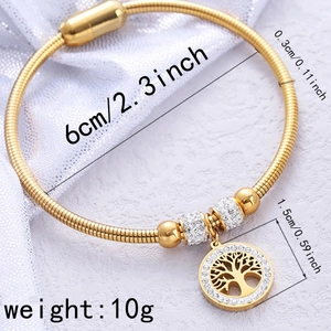 Gold plated tree of life titanium steel bracelet with sparkling crystal charms