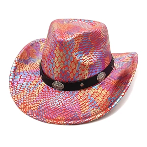 Detail of iridescent python print cowboy hat with metallic buckles and black band