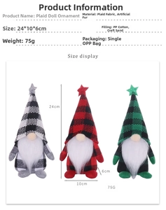 Detailed size chart of black and white buffalo plaid Christmas gnome ornaments set