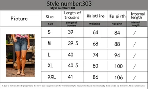 Tableau des tailles pour short en jean extensible avec mesures de taille et de hanche