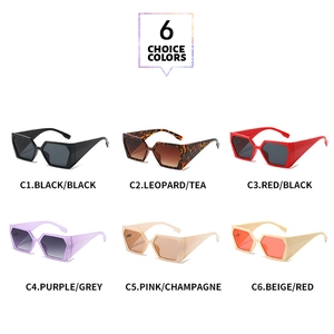Fashion rectangular sunglasses displayed in six various colors on a white background