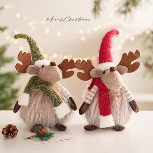 Nordic felt Christmas reindeer plush figures in red and green for festive tabletop decor