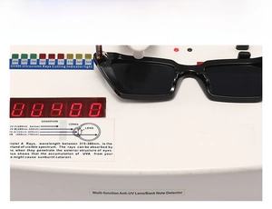 Cat-Eye-Sonnenbrille Detail mit UV400-Schutztestergebnissen auf digitalem Gerät