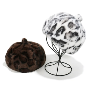 Faux mink fur leopard print beret hats in brown and grey tones for autumn and winter