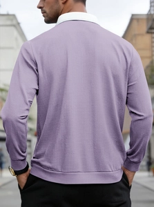 Rear view of lavender waffle knit polo shirt with white collar on male model