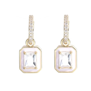 Detailed view of 18K gold plated hoop earrings with square clear zircon gemstones