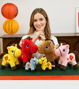Detail view of colorful horse plush toy set with festive New Year decorations and model