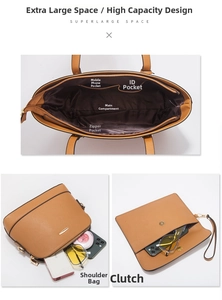 Detail showing inner pockets and gold hardware of the brown faux leather tote set