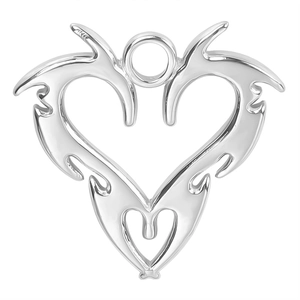 Polished silver stainless steel heart pendant with tribal dragon pattern on white backdrop