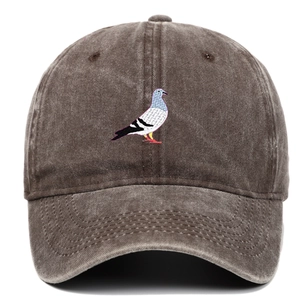 Close-up of pigeon embroidery and washed cotton texture on a brown baseball cap