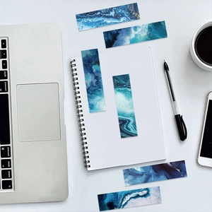 Blue ocean marble pattern bookmarks set of 6 on a minimalist desk with office supplies