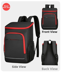 Detail view of large insulated backpack showing reflective strips and mesh side pockets